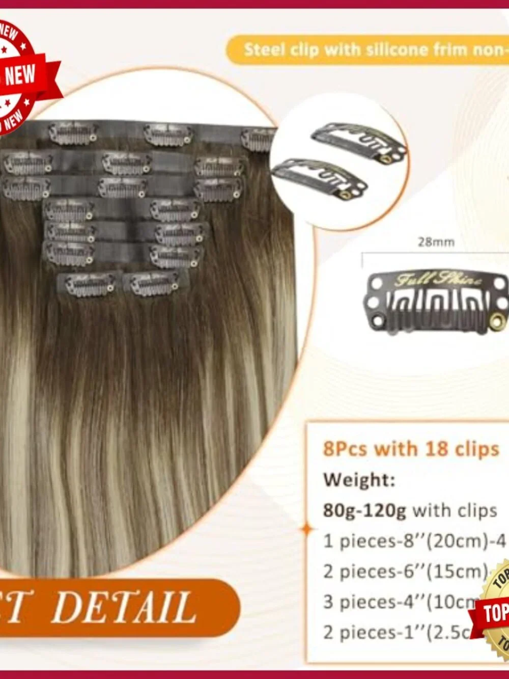 18 Inch Human Hair Clip-In Extensions 120g 8 Piece Set Heat-Style Friendly
